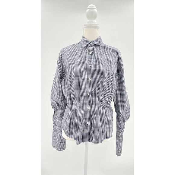 Pixie Market Blouse Sz M Blue Gingham Striped Collared Long Sleeve Ruched Peplum - Picture 1 of 7
